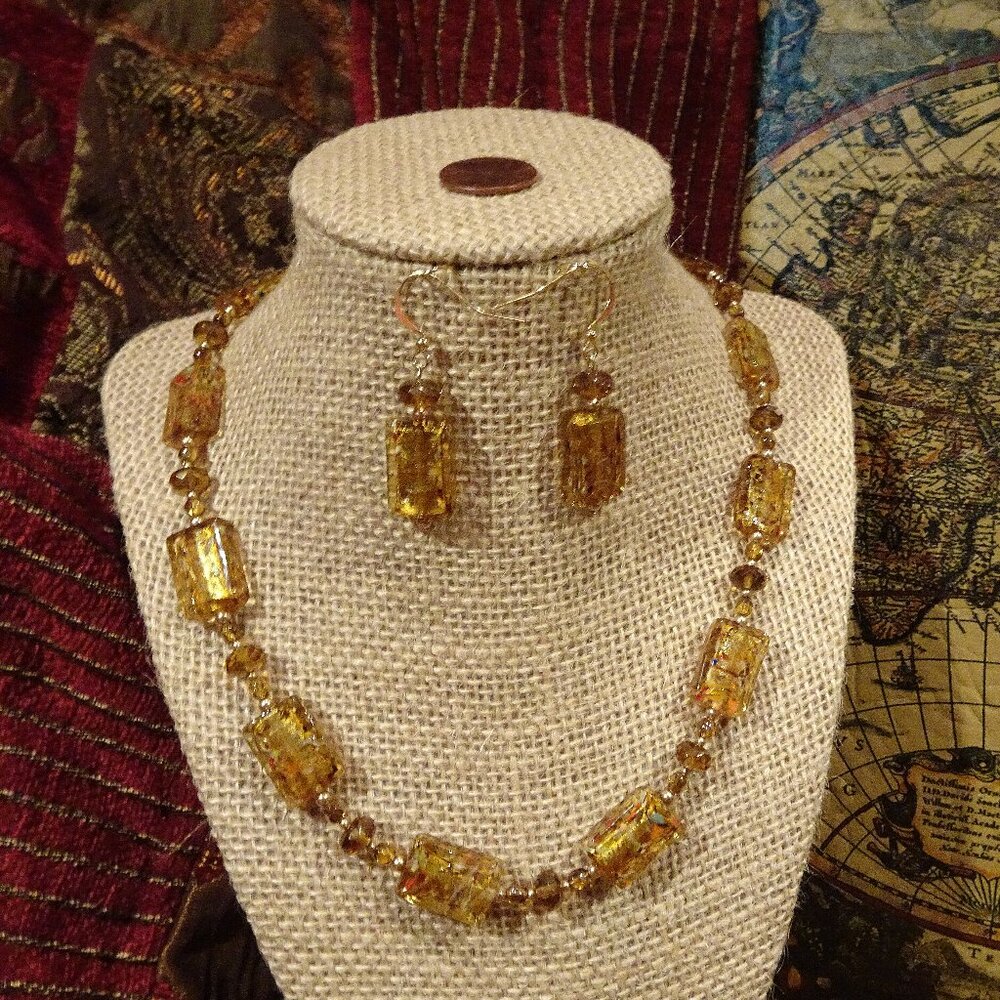 Handmade artisanal necklace/earring set in honey gold with crystal